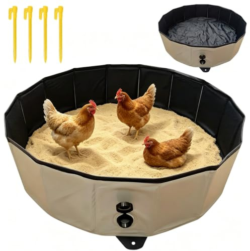 Hühner Staubbad 80x20cm Faltbar PVC Sandbad Wanne für Kleintiere, Robustes Hühnerstaubbad mit 4 Erdankern, Tragbare Sandbadewanne für Hühnerstall Zubehör, Leicht zu Reinigen Hundepool Katze Sandbad