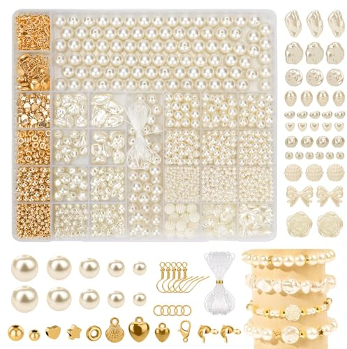 HWMYTOP Weiße Perlen zum Auffädeln Süßwasserperlen zum Schmuck Set Making Bracelet Kit, Geformte Kunstperlen für DIY SchmuckherstellungArmbänder Selber Machen Perlenkette Charm Kit