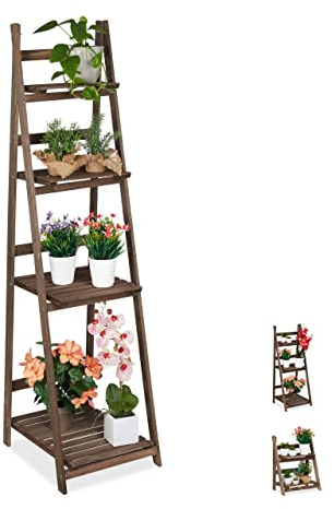 relaxdays Fioriera per Piante, a 4 Livelli, Pieghevole, Scaffale con Ripiani, HLP 160x41x49cm in Legno, Marrone-Scuro