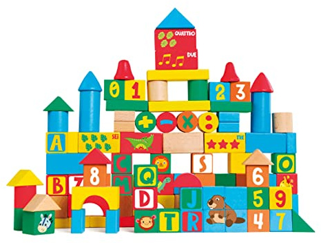 SEVI Blocchi Costruzione (100 pz.) | Trudi by Giochi in Legno educativi Prima Infanzia. Costruzioni e Giocattoli. Regalo di Natale e Compleanno per Bambini | 20x20x22cm Wood | Modello 88059