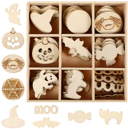 Healifty Halloween Holz Scheiben mit Box Spinne Kürbis Form Natürliche Holz Ausschnitte Anhänger Tisch Streu Deko für DIY Handwerk Basteln Bemalen 72 Stücke (Mischmuster)