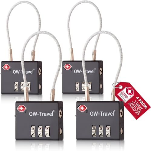 OW-Travel TSA-godkänd Kabellås (Svart 4-pack) 3-siffrig kod TSA Lås Godkänd Säkerhet Ryggsäck Hänglås Resväska, Lås, Kombinationslås med Kabel resväska lås, Gymskåp, Hänglås