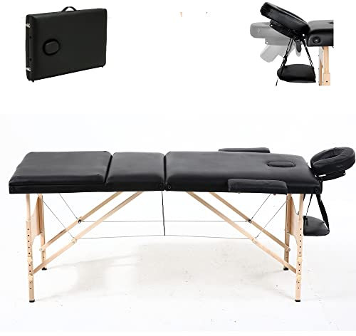 Massageliege, klappbar höhenverstellbar tragbare Wimpernbett, massagebank, Facial Tattoo Table, Kosmetikliege, mit Tragetasche, 3 Zone, Holz, PU-Leder, Beige, 186 x 62 cm, belastbar bis 230 kg