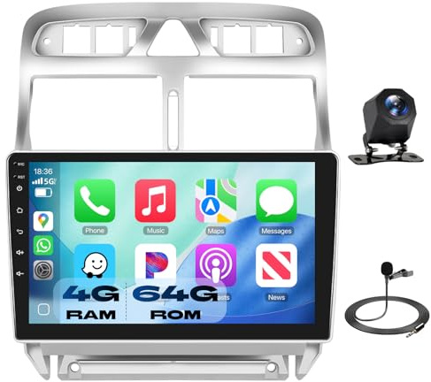 Autoradio [4GB+64GB] für Peugeot 207 (2002-2013), 9-Zoll Touchscreen Autoradio Android 13 mit CarPlay und Android Auto, BT 5.0, WiFi, GPS, RDS, FM, EQ+Rückfahrkamera