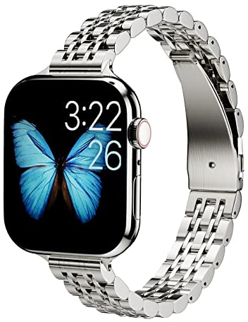 ARTCHE Slim klockarmband för Apple Watch-armband 42mm 41mm 40mm 38mm, kvinnligt tunt smyckesarmband i rostfritt stål, kompatibelt med iwatch-armband serie 10/9/8/7/6/SE/5/4/3/2/1, silver