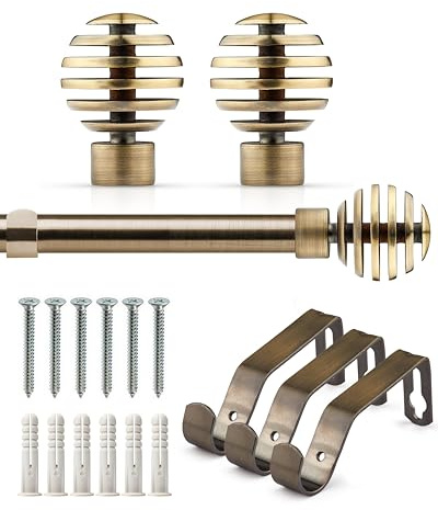 Emma Barclay Extendable Curtain Pole With Finials Brackets & Fittings Sets 16-19mm in Antique Brass Metal Curtain Poles For Eyelet Curtains Rod - Metal Sliced Collection 1.6m - 3m Antique Brass