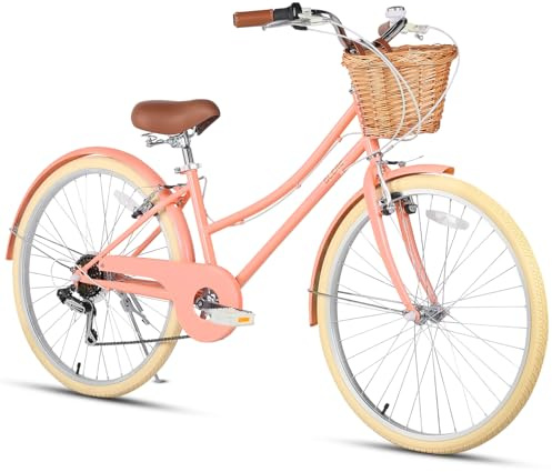 Glerc 26 Inch Beach Cruiser Bike, 6-Speed Hybrid City Bicycle for Girls Youth and Over 6 Years Old, Missy Bike with Wicker Basket & Lightweight, Peach