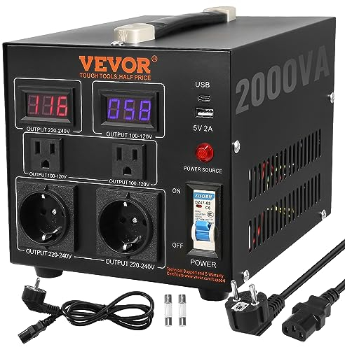 VEVOR 2000W Spannungswandler Transformator AC 110V⇋220V Transformer Wandler 2X US NEMA 5-15R 3-polige/2x standardmäßige europäische Shucko-Ausgangssteckdosen, 1x 5V-USB-Anschluss, 1x Typ-C-Buchse