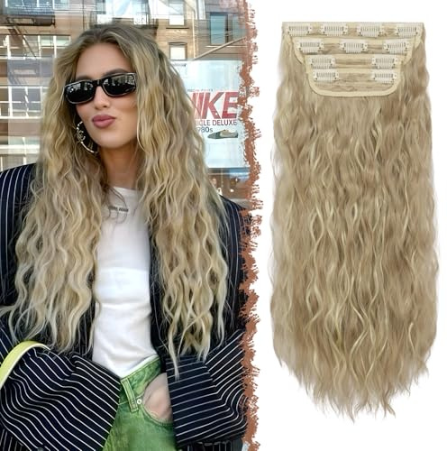 FESHFEN Clip in Extensions Wellen Haarverlängerung, 4 PCS Gewellt Lang Clip Haar Extensions Synthetik Haarextension Clips Haarteile für Damen, Dunkles Aschblond Bleichblond 50 cm