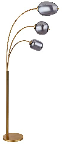 Stehlampe Stehleuchte Bogenlampe Wohnzimmerleuchte Schlafzimmerlampe, Metall Glas messing rauch, 3 Flammig E14, Fußschalter, L 80 cm