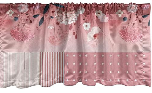 Ambesonne Floral Art Window Valance Pack of 2, Japenese Anime Aura Flowers Romance with Polka Dots Lines Blush Tones, Rod Pocket Curtain Valances Kitchen Bedroom, 54 X 18,Rose Pastel Pink