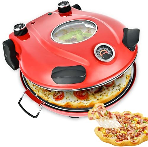 Indoor Pizza Oven Electric Pizza Maker With 31 Cm Flame Resistant Stone Plate, Electric Pizza Oven With 5 Adjustable Temperature, Rapid Heating Up To 420°C, Table Top Pizza Oven Pizza Cooker red