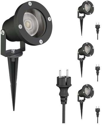 ledscom.de 4 Stück LED Gartenstrahler DUK schwarz mit Erdspieß für außen, IP65, inkl. GU10 Lampe (warmweiß, 7,6W, 1103lm, 33°)