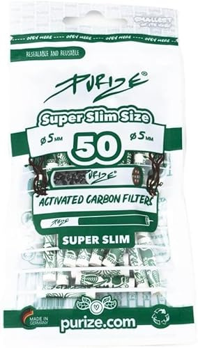 Purize Carbon Activated Filter Tips - Enhance Your Smoking Experience with Super Slim Charcoal Filters - 50 Pack with Vastu Storage Mylar Bag (White)