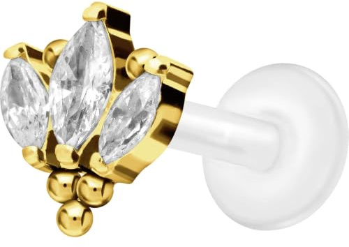 PIERCINGLINE PTFE Labret mit Gewinde + Titan-Aufsatz LOTUSBLÜTE + KUGELN Piercing Ohr Nase Goldfarben 1,2 x 8 mm