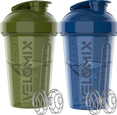 VELOMIX 2 Pack 600ml Shaker Proteinshake, Grün/Blau | 2x Edelstahlkugel, Auslaufsicherer Eiweiß Shaker Becher für Protein Shaker, Spülmaschinenfest, Gym und Fitness