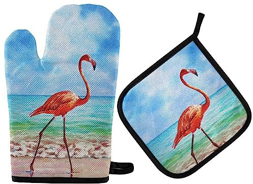 Vikeiac Ofenhandschuhe und Topflappen-Set, 2-teilig, hitzebeständig, rutschfest, waschbar, Küchenhandschuh, zum Kochen, Backen, Grillen, Bemalen von Flamingo