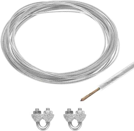 QUARKZMAN Cable de Acero Galvanizado Recubierto de Vinilo Transparente de 2 Mm (1/16 Pulgada), Cable de Acero Galvanizado de 6M / 20 Pies con 2Pcs de Manguitos de Bucle M3