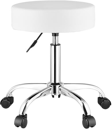 VEVOR Tabouret à roulettes, capacité Poids 204 kg, Rond Tabouret Roulant, Hauteur réglable 55-71 cm, Chaise de Travail pivotante en Cuir PU épais, pour Salon, Spa, Massage, Tatouage, Clinique, Blanc