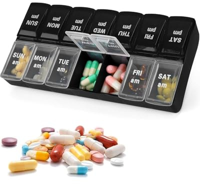 MYGLOAR 1 pilulier à utiliser matin et soir 7 jours sur 7, pilulier pratique avec de grands compartiments séparés pour médicaments, vitamines, huile de poisson, compléments alimentaires