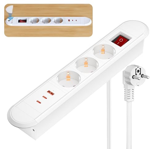 Einbausteckdose mit 67W USB-C, 3 Steckdosen & 3 USB-Anschlüsse, Sewingvr Versenkbare Tischsteckdose, Einbau Steckdosenleiste für Schreibtisch/Büro/Küche, 1,8m Kabel, Weiß