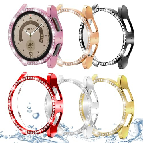 DEALELE [5-pack] klockfodral kompatibelt med Samsung Galaxy Watch 5 Pro 45 mm, bling, en rad diamant PC skyddande fodral, ersättning klockskydd stötfångare (45 mm, svart + silver + roséguld + rosa