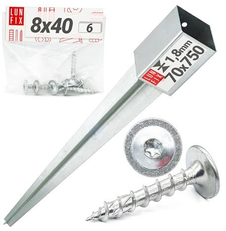 Support de Poteau 70x70mm galvanisé avec 6 vis 8×40 mm, support piquet clôture bois, poteau pour toile ombrage, piquet ancrage sol métal pour jardin, piquet de support, enfoncer stable, ancre