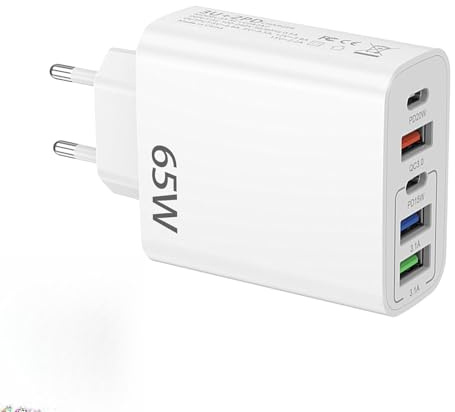 1 Pièce 65W Prise Secteur USB C, Bloc Chargeur USB C Rapide 5 Ports - Intelligent QC3.0 - Chargeur Rapide pour iPhone 16/15/14/13/12 Pro/Pro Max/SE 2020/XS/XR/8/7, Samsung Galaxy S23/S22/S21