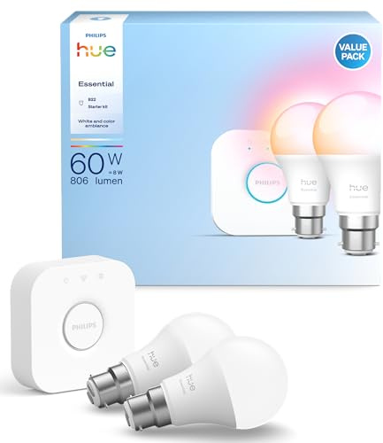 Philips Hue Essential Kit de démarrage : Bridge + 2 ampoules intelligentes B22 essentielles, ambiance blanche et colorée, 2200 K-6500 K, à intensité variable, fonctionne avec Alexa, Google Assistant