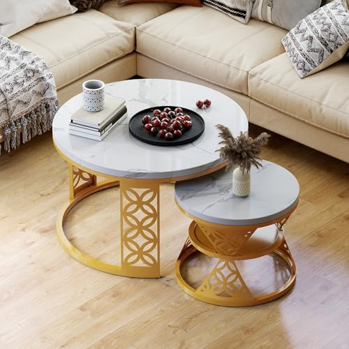 okwish Couchtisch rund 2er Set mit Stauraum - Moderner Beistelltisch für Wohnzimmer/Balkon/Büro - Weiße MDF-Tischplatte & Goldenes Metallgestell