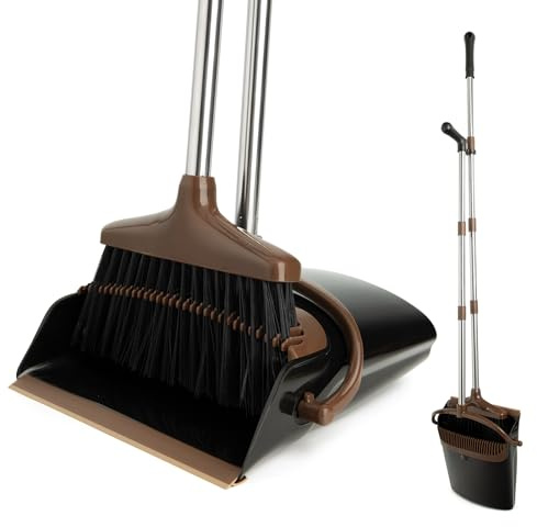 XXFLOWER Broom and Dustpan Set with Long Handle, Light Weight Stainless Steel Poles Stand Upright Dustpans with Broom Combo for Home Kitchen Office Pet Dog Hair, 1-Pack (Black Brown)