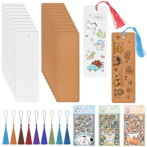 40 Stück Rechteckige Papier Lesezeichen, BetterJonny Blanko Papier Lesezeichen mit 40 Bunten Quaste 18 Cute Hund Aufkleber Leere Craft Lesezeiche für DIY Basteln Notizbuch