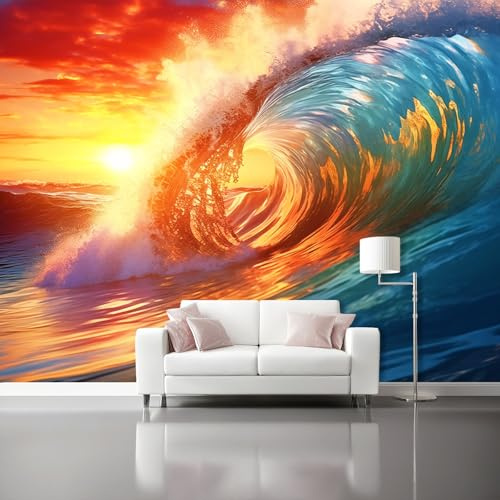 Genérico Papel tapiz fotográfico Viento natural olas puesta de sol papel tapiz no tejido, 250 x 175 cm Decoración de papel tapiz fotográfico para sala de estar, Color naranja Papel tapiz