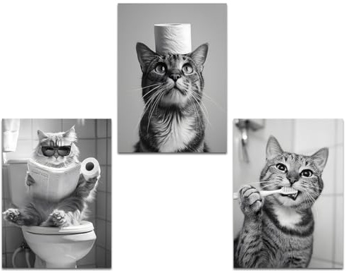 Komergave 3 Stück Katzen Badezimmer Deko, Schwarz-weiß Bad Poster A4 Wandbilder, Wandtattoo Bad, Wandkunst Wanddeko Bilder für Badezimmer, Gäste WC Deko, Schlafzimmer Bilder Toilette, 30×40cm