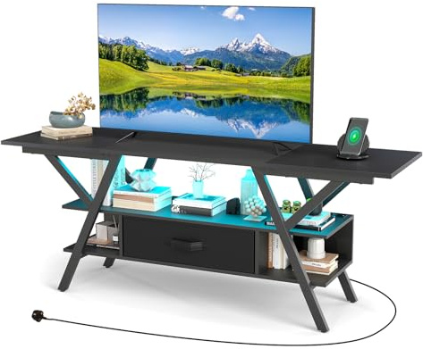 COSTWAY TV Stand Cabinet for 65 Inch TVs, Gaming Entertainment Center with RGB LED Lights, Charging Station, Open Shelves & Fabric Drawer, Media Console TV Unit for Living Room Bedroom (Black)