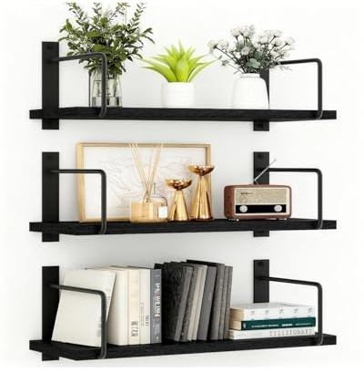 TRAYINDALY Etagere Murale Bois Lot de 3, Rustique Étagères Salle de Bain, Décoration et Rangement Tablettes Flottantes pour Salon, Cuisine, Chambre, Bureau (Noir)