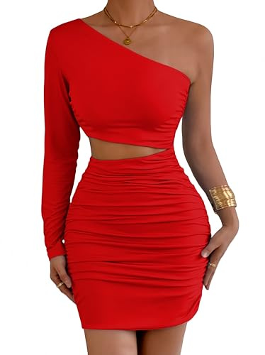 Belriviere Womens One Shoulder Bodycon Mini Dress One Sleeve Ruched Cutout Sexy Short Dress for Club Party Date Nights S Red