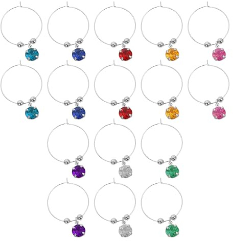 DEARMAMY Anelli Segnabicchieri Per Vino Colorati, 16 Pezzi Riutilizzabili in Plastica, Ciondoli Creativi Per Feste e Cocktail Party, Marcatori Per Bicchieri Da Vetro Per Eventi e Intrattenimento