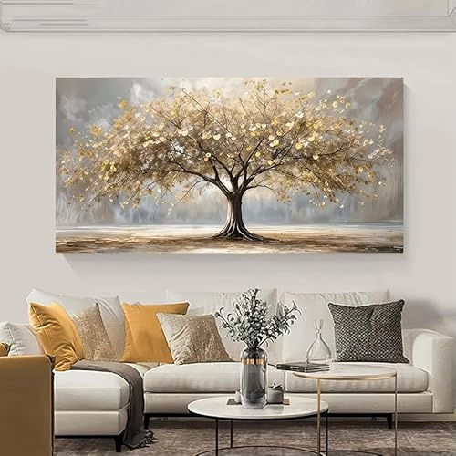 AEXOIO Albero della vita con foglie dorate, stampe su tela, poster con paesaggio autunnale senza cornice, oro e beige, arredamento per la casa (100x200 cm/39x79 pollici/senza cornice)