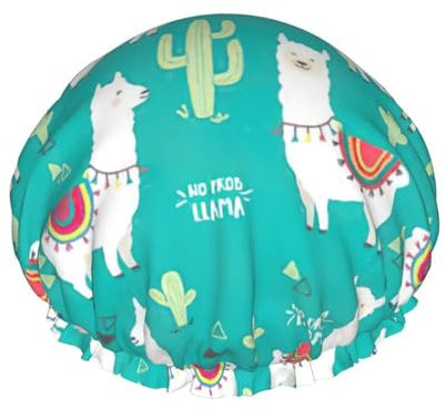 Alpaca Cactus Print Hair Cover For Shower, Women Adjustable Hair Cap Stylish Large Waterproof Shower Bonnet