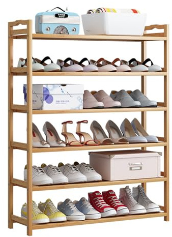 Ruspela Bambus Schuhregal 6-stöckig, 60 cm breit Standregal für 24 Paar Schuhe, schmales Holzregal mit Griffen, vielseitiges Bücherregal Badregal für Flur, Wohnzimmer, Badezimmer, Natur