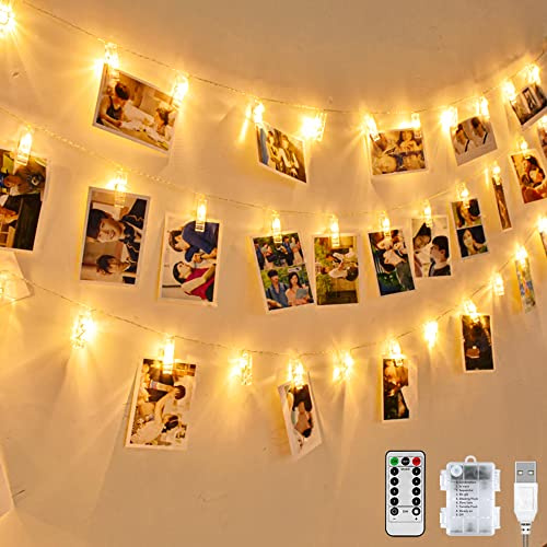 Nasharia 20LED Photo Guirlande Lumineuse Blanc Chaud 2.2 Mètre/Guirlande Lumineuse 8 Modes 20 Clip Photo USB/Piles Éclairage d'ambiance Décoration pour le salon, Noël, Mariage, Fête