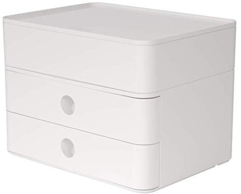 HAN Schubladenbox Allison SMART-BOX plus mit 2 Schubladen, Trennwand sowie Utensilienbox, inkl. Kabelführung, stapelbar, Büro, Schreibtisch, Küche, möbelschonende Gummifüße, 1100-12, hochglänzend weiß
