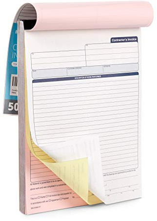 Blue Summit Supplies Contractors Invoice Book, 3 Part Carbonless Forms with White, Yellow, and Pink Copies, Work Order Receipt Book with Blank Invoice Sheets, 8-3/8 x 11-5/8 inch, 50 Pack