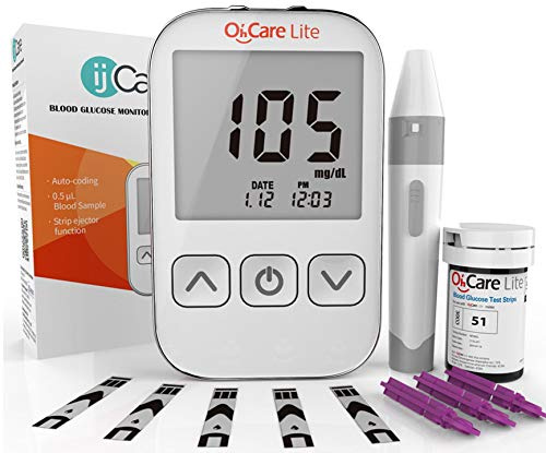 Oh'Care Lite Blood Sugar Test Kit – Blood Glucose Meter with Strips and Lancets, Lancing Device, Log, and Case - One Touch Eject Glucometer (50 Strips & 50 Lancets)