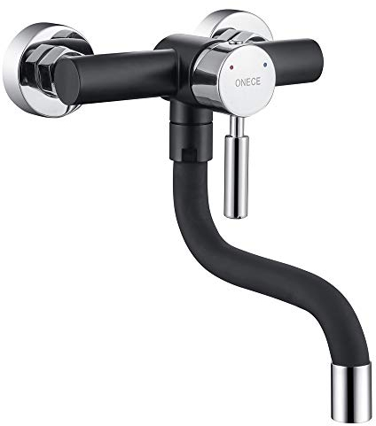 ONECE Wandmontage Wasserhahn Küche mit 360° drehbar Auslauf, Wandarmatur Küche mit Mindestmontagehöhe 200mm, Einhebelmischer Küchenarmatur in Wand, Abnehbmbar Bubbler, Schwarz