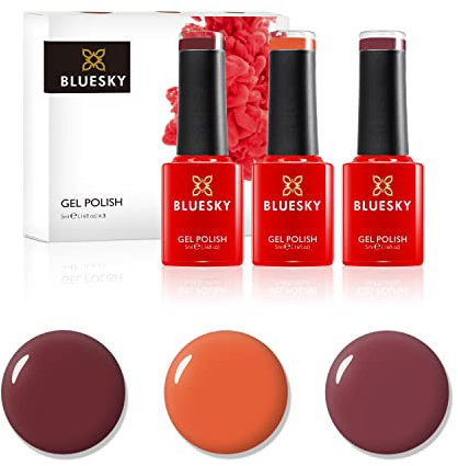 Bluesky Gel Nail Polish Set, Autumn Leaves, Blast From The Past Aw1807, Cinnamon Roll Bp27, Pumpkin Spice Bp01, 3 x 5 ml Dark Pink, Red, Deep Red, Orange (Requires Curing Under LED/UV Nail lamp)