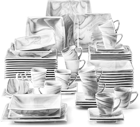 MALACASA Dinner Sets,60-Piece Square Plates and Bowls Set with 12 Piece Porcelain Dinner Plates/Dessert Plates/Soup Plates/Cup and Saucers,Service for 12,Marble Grey,Series Blance