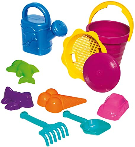DOHÁNY Sandspielzeug Set Schaufel Rechen Eimer 4 Förmchen Sieb Gießkanne Frisbee Kinder Eimergarnitur 10-TLG.