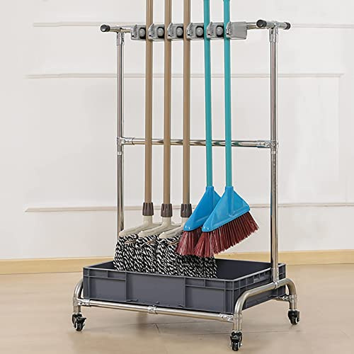 Besenhalterung Gerätehalter Beweglich, Reinigungswerkzeugwagen, Besenhalter Organizer Beweglicher Schrank Aufbewahrungsschrank, Mop Rack Werkzeugständer, für Garten Garage Hotels Schulen (5slots)